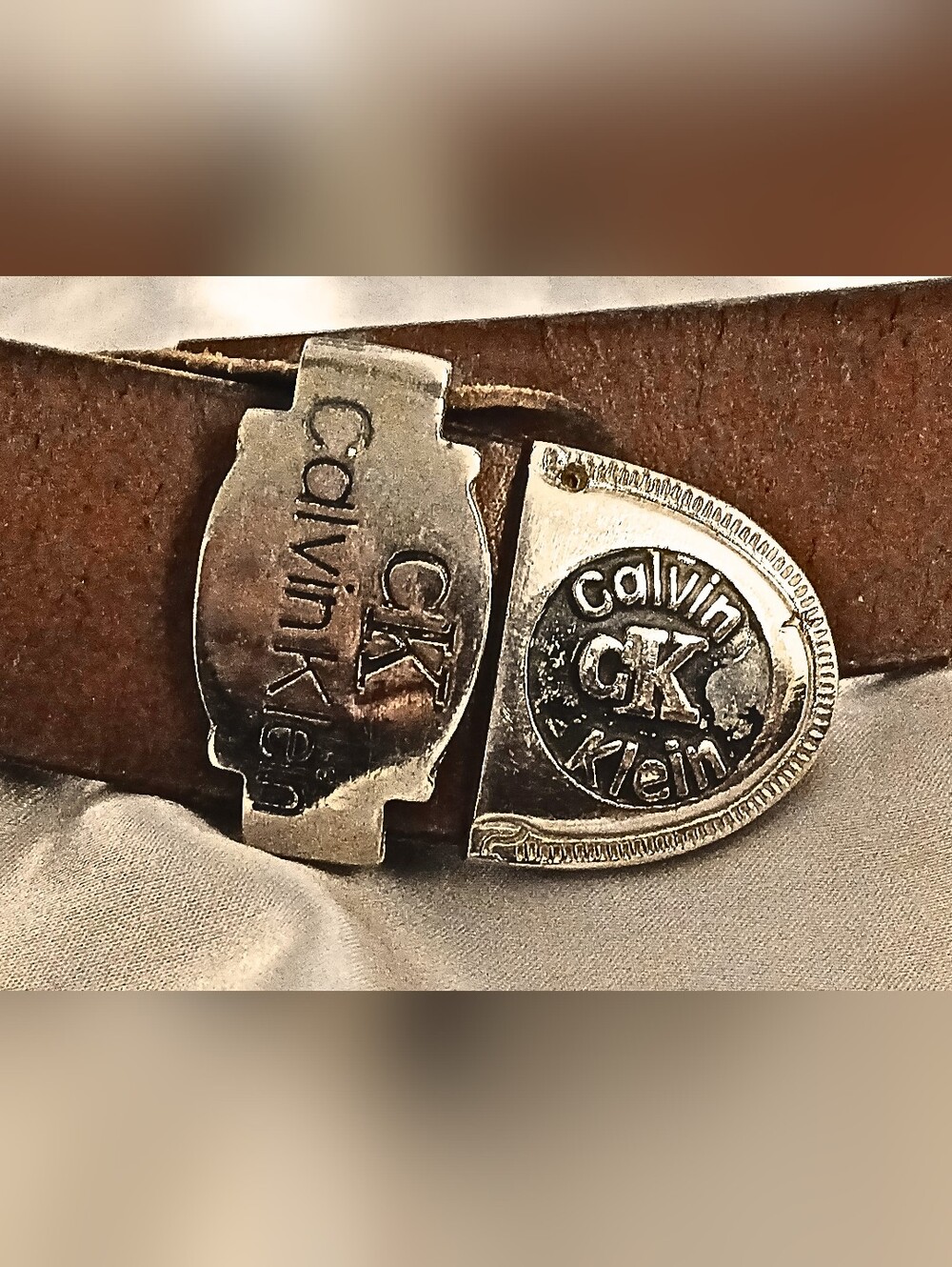 VTG Calvin Klein Vintage Brown Leather Belt with Genuine Silver Logo Buckle